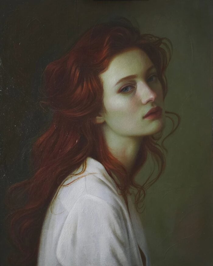 Inspired by Red, oil painting on wood by Lena Sugralinova, 20 by 16 inches