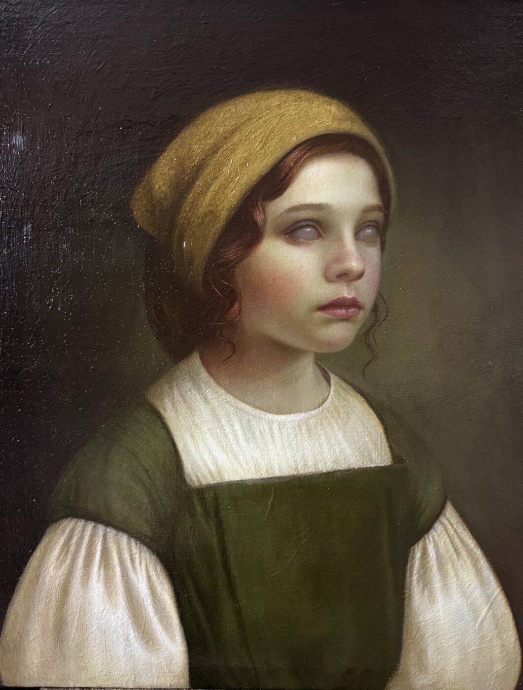 Soulful, oil painting by Lena Sugralinova: a girl in an ochre cap, her eyes painted without pupils