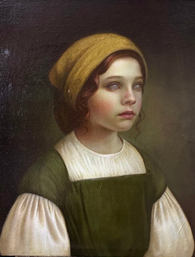 Soulful, oil painting by Lena Sugralinova: a girl in an ochre cap, her eyes painted without pupils