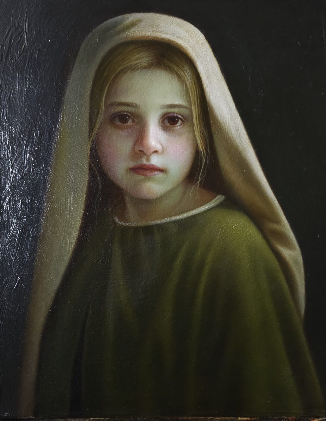 Quiet Sorrow, oil painting by Lena Sugralinova: a girl in a pale veil against a dark ground