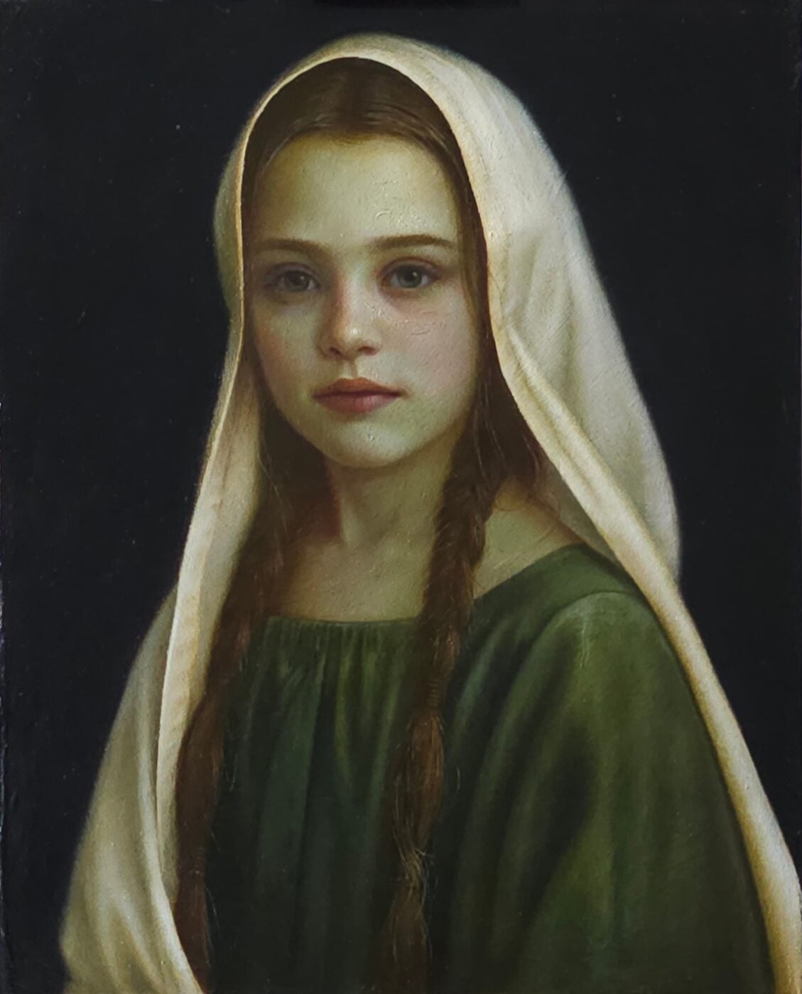 The Young Mona, oil painting by Lena Sugralinova: a girl in a cream veil with a braid, against a black ground