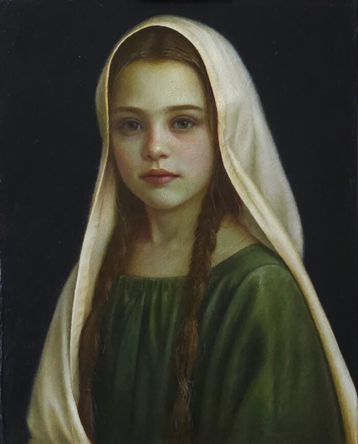 The Young Mona, oil painting by Lena Sugralinova: a girl in a cream veil with a braid, against a black ground
